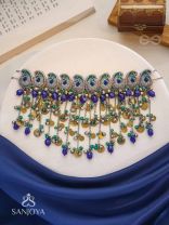 Saikhina - The Drizzling Dance - Glass Beads And Coins Hand Embroidered Oxidised Neckpiece