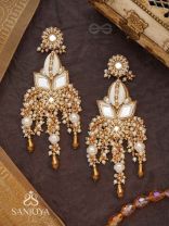 Sahasra - Golden Waves Whisper- Beads, Shells And Glass Drop Hand Embroidered Earrings