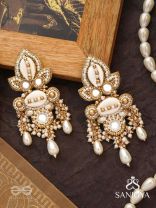 Savitra - Frosty Lily - Beads, Shells And Pearl Drops Hand Embroidered Earrings