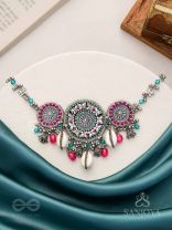 Akratu- The Wheels Of Liberty- Shells, Beads And Glass Drops Hand Embroidered Oxidised Choker Neckpiece
