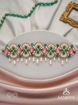 Nalikini - The Emerald Bloom - Stone, Beads And Pearl Drops Hand Embroidered Neckpiece