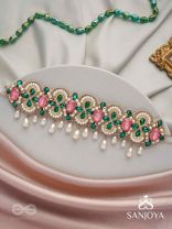 Nalikini - The Emerald Bloom - Stone, Beads And Pearl Drops Hand Embroidered Neckpiece
