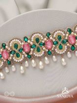 Nalikini - The Emerald Bloom - Stone, Beads And Pearl Drops Hand Embroidered Neckpiece