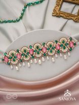 Nalikini - The Emerald Bloom - Stone, Beads And Pearl Drops Hand Embroidered Neckpiece