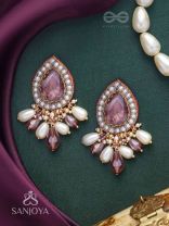 Atyala - The Rosy Raindrop - Stone, Beads And Glass Drop Hand Embroidered Earrings