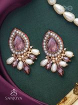 Atyala - The Rosy Raindrop - Stone, Beads And Glass Drop Hand Embroidered Earrings