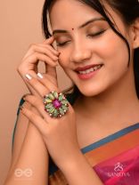 Ardramanjari - The Fresh Bloom - Stones And Beads Hand Embroidered Ring (Adjustable)