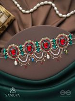 Upakarana - Royal Ruby Rainfall - Stone, Beads And Glass Drops Hand Embroidered  Choker Neckpiece