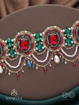 Upakarana - Royal Ruby Rainfall - Stone, Beads And Glass Drops Hand Embroidered  Choker Neckpiece