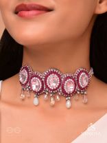 Udagat - Blushing Rose - Stone, Beads And Glass Drops Hand Embroidered Neckpiece