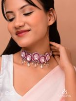 Udagat - Blushing Rose - Stone, Beads And Glass Drops Hand Embroidered Neckpiece