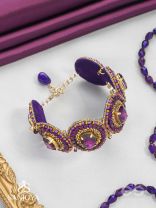 Ruksavarna - The Lustrous Amethyst - Stone, Beads And Cut Dana Hand Embroidered Cuff Bracelet