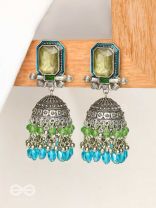 The Aqua Enchantments - Statement Embellished And Enamelled Oxidised Jhumka Earrings