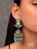 The Aqua Enchantments - Statement Embellished And Enamelled Oxidised Jhumka Earrings