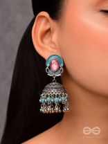 The Blushing Clouds - Statement Embellished And Enamelled Oxidised Jhumka Earrings