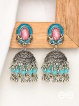 The Blushing Clouds - Statement Embellished And Enamelled Oxidised Jhumka Earrings