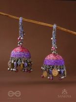 Dvibhat - The Twilight Tinkles - Resham, Coins And Beads Hand Embroidered Oxidised Jhumka Earrings