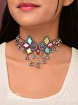Bhuritejas- The Glorious Triflection- Mirror, Resham And Beads Hand Embroidered Choker Neckpiece