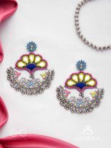 Sadhrit- The Peacock Romance- Resham And Beads Hand Embroidered Oxidised Earrings