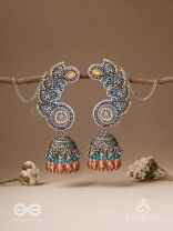 Kalaap- The Peacock's Tail- Beads And Glass Drops Hand Embroidered Oxidised Jhumka Earrings