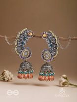 Kalaap- The Peacock's Tail- Beads And Glass Drops Hand Embroidered Oxidised Jhumka Earrings