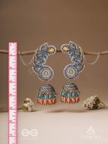 Kalaap- The Peacock's Tail- Beads And Glass Drops Hand Embroidered Oxidised Jhumka Earrings