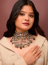 Dhaanshri- The Entrancing Music- Mirror, Beads And Coins Hand Embroidered Oxidised Choker Neckpiece