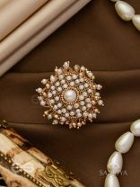 Atimukta- The Pearly Proposal- Pearl And Beads Hand Embroidered Golden Ring (Adjustable)