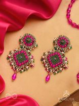 Stavak - The Dahlia Bouquet - Resham, Beads And Glass Drops Hand Embroidered Earrings