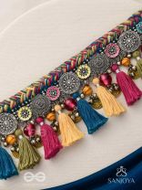 Akalka - The Moonlit Fur - Resham, Beads And Coins Hand Embroidered Oxidised Choker Neckpiece