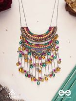 Kvan - The Layered Chimes - Resham, Beads, Coins And Glass Drops Hand Embroidered Oxidised Neckpiece