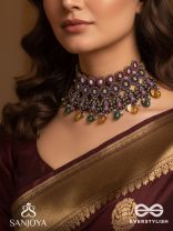 Vashikrit - The Hypnotic Tiers - Mirror, Stones, Coins And Glass Drops Hand Embroidered Oxidised Choker Neckpiece