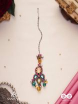 Prashman - The Calming Beauty - Stones, Mirror, Coins And Glass Drops Hand Embroidered Oxidised Maangtika