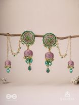 Puravati - The Vineyard Castles - Resham, Beads And Glass Drops Hand Embroidered Jhumka Chain Earrings