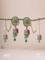 Puravati - The Vineyard Castles - Resham, Beads And Glass Drops Hand Embroidered Jhumka Chain Earrings