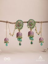 Puravati - The Vineyard Castles - Resham, Beads And Glass Drops Hand Embroidered Jhumka Chain Earrings