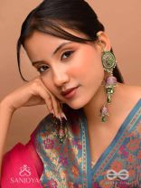 Puravati - The Vineyard Castles - Resham, Beads And Glass Drops Hand Embroidered Jhumka Chain Earrings