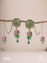 Puravati - The Vineyard Castles - Resham, Beads And Glass Drops Hand Embroidered Jhumka Chain Earrings