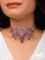 The Flowery Essence - Stone And Glass Drops Enamelled Oxidised Neckpiece