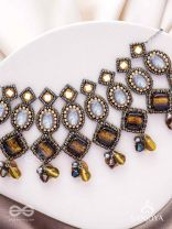 Haridhumra- The Amber Chestnut - Stones, Beads, Coins And Glass Drops Hand Embroidered Oxidised Neckpiece