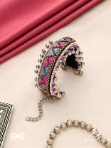 Prashman - The Soothing Landscape - Beads And Resham Hand Embroidered Oxidised Cuff Bracelet
