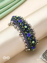 Padmacharini - The Divine Orchids - Resham And Beads Hand Embroidered Oxidised Cuff Bracelet