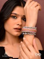 Shinjit - The Pastel Chimes - Resham And Beads Hand Embroidered Oxidised Cuff Bracelet