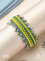 Dhritvan - The Lime Sky - Resham And Beads Hand Embroidered Oxidised Cuff Bracelet
