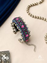 Ragapushpi - The Rosy Night - Resham And Beads Hand Embroidered Oxidised Cuff Bracelet