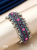 Ragapushpi - The Rosy Night - Resham And Beads Hand Embroidered Oxidised Cuff Bracelet