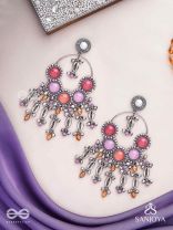 Durvarna - The Silvery Chimes - Beads, Shells And Glass Drops Hand Embroidered Earrings