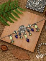 The Blue Stone - Embellished silver oxidized geometrical motif necklace