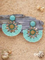 Vibhusitpuspa - the adorned flower - embroidered flower earrings with turquoise tassles