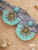 Vibhusitpuspa - the adorned flower - embroidered flower earrings with turquoise tassles